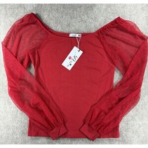 Dorose Red Puff Sleeve Sheer Mesh‎ Dot Long Sleeve Top Women's Size Small NWT